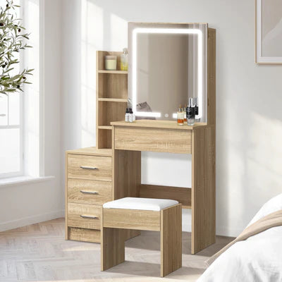 DT-ST-B19-WD-AB Oikiture Dressing Table Stool Set Makeup Slide Mirror LED Light Vanity Natural