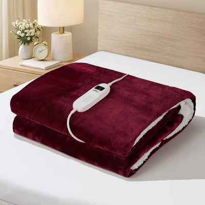 EBK-B-TRUG-WH-WR Bedra Electric Throw Rug Dual Side Heated Blanket Flannel&Sherpa Burgundy