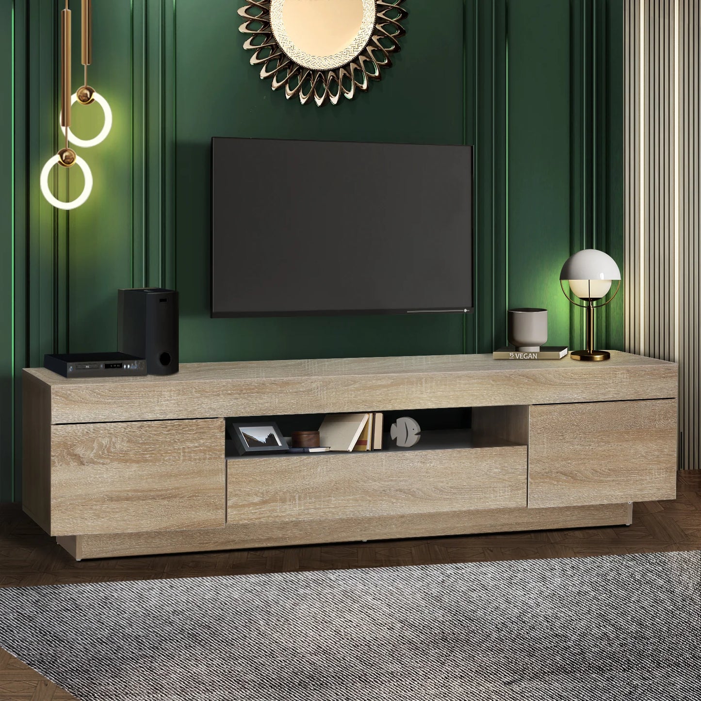 EU-B6-180-WD Oikiture TV Cabinet Entertainment Unit Stand Storage Drawer White Wooden 180cm