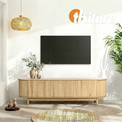 EU-ILEE-3D-WD Oikiture TV Cabinet Entertainment Unit Stand 160cm Wooden Storage Shelf Natural