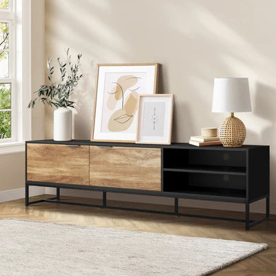 EU-MF-HONY-180-BKWD-AB Oikiture TV Cabinet Entertainment Unit Stand Storage Shelves 180cm Black/Natural