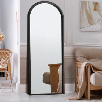 FM-B-ARCH-18070-BKWD Oikiture Wooden Full Length Mirror 180x70cm Arched Dressing Floor Mirrors Black