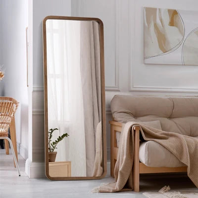 FM-B-RECT-18070-WN Oikiture Full Length Mirror 180x70cm Rectangle Dressing Floor Mirrors Walnut