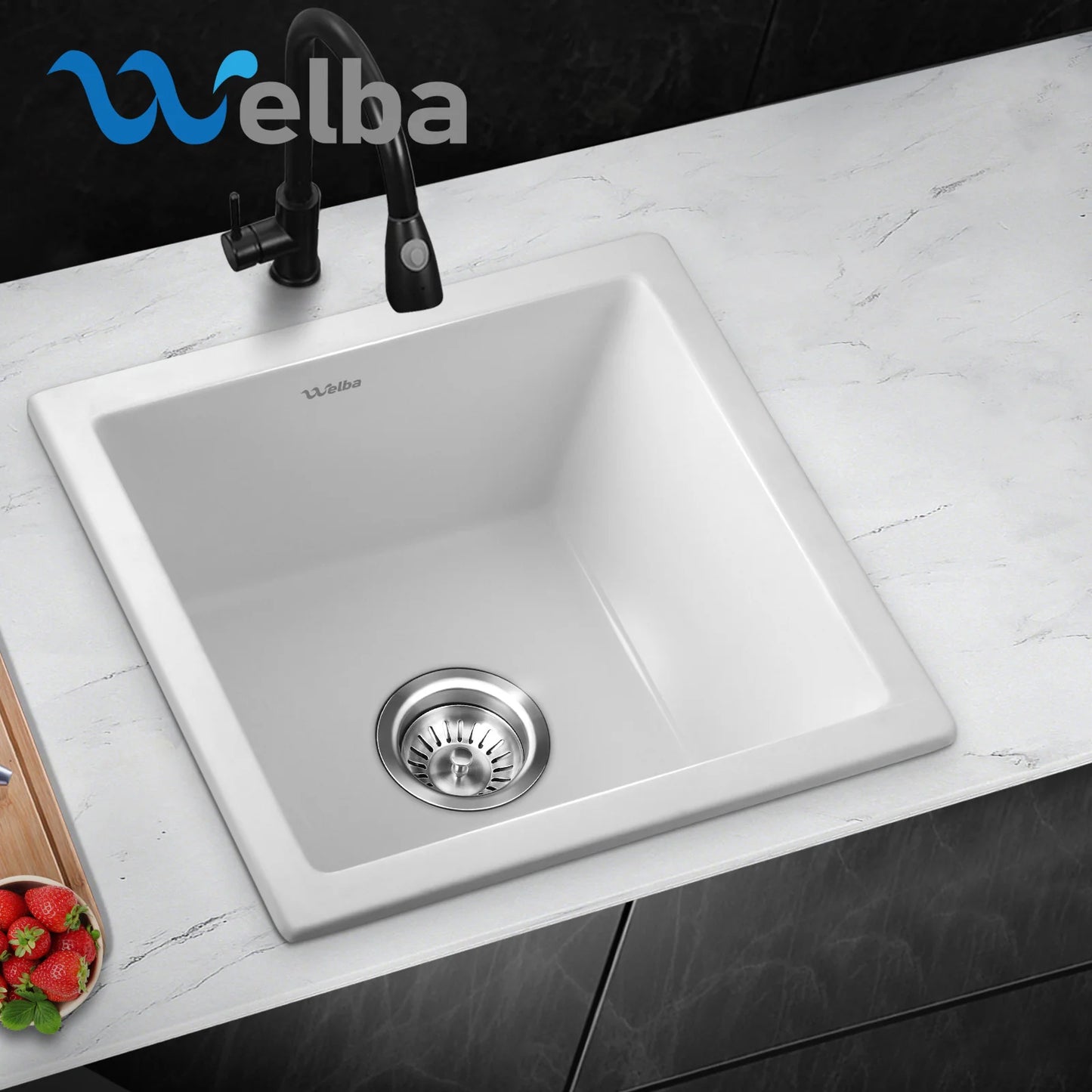 GSK-4545-WH Welba Kitchen Sink Granite Basin Single Bowl 45cmx45cm White