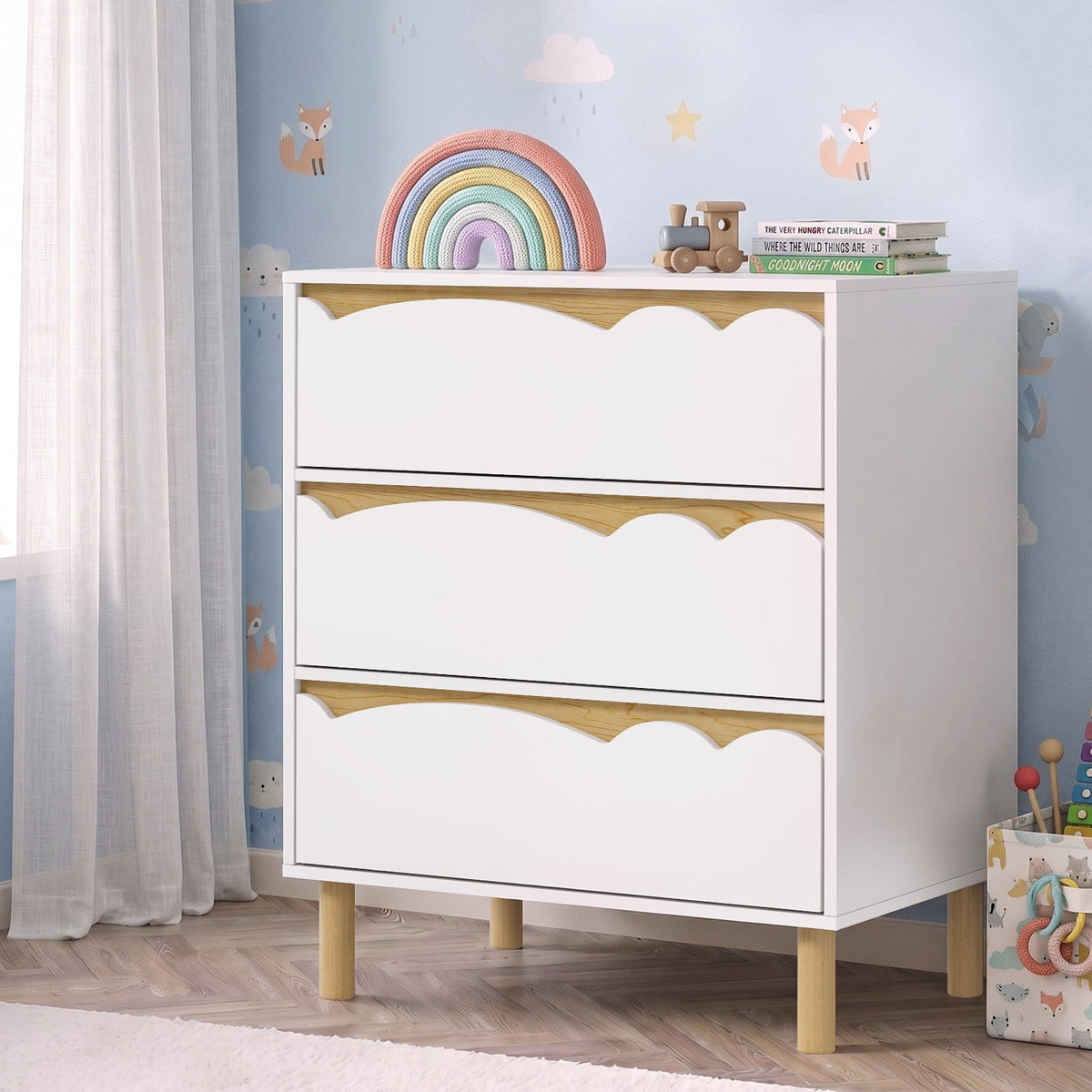 COD-KID-MINA-3D-WH Oikiture 3 Chest Of Drawers Handle-free Dresser Kids Bedroom Storage White