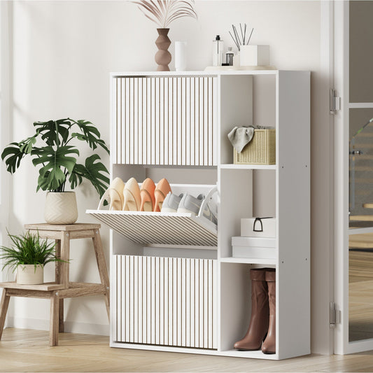 SS-VJ-TICK-3R3S-WH-AB Oikiture Shoe Rack Storage Cabinet with Display Shelves Organiser White