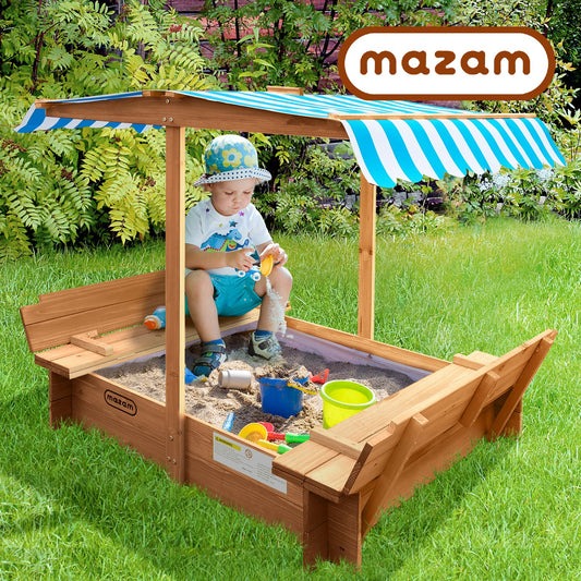 SPIT-CANOPY-CV-WHBL Mazam Kids Sandpit Outdoor Toys Wooden Sandbox Beach Play Box Children Canopy