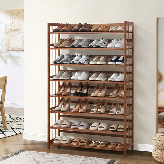 SS-BM-880-BR Oikiture Shoe Rack Storage Organizer Bamboo Stand 8 Shelves Brown