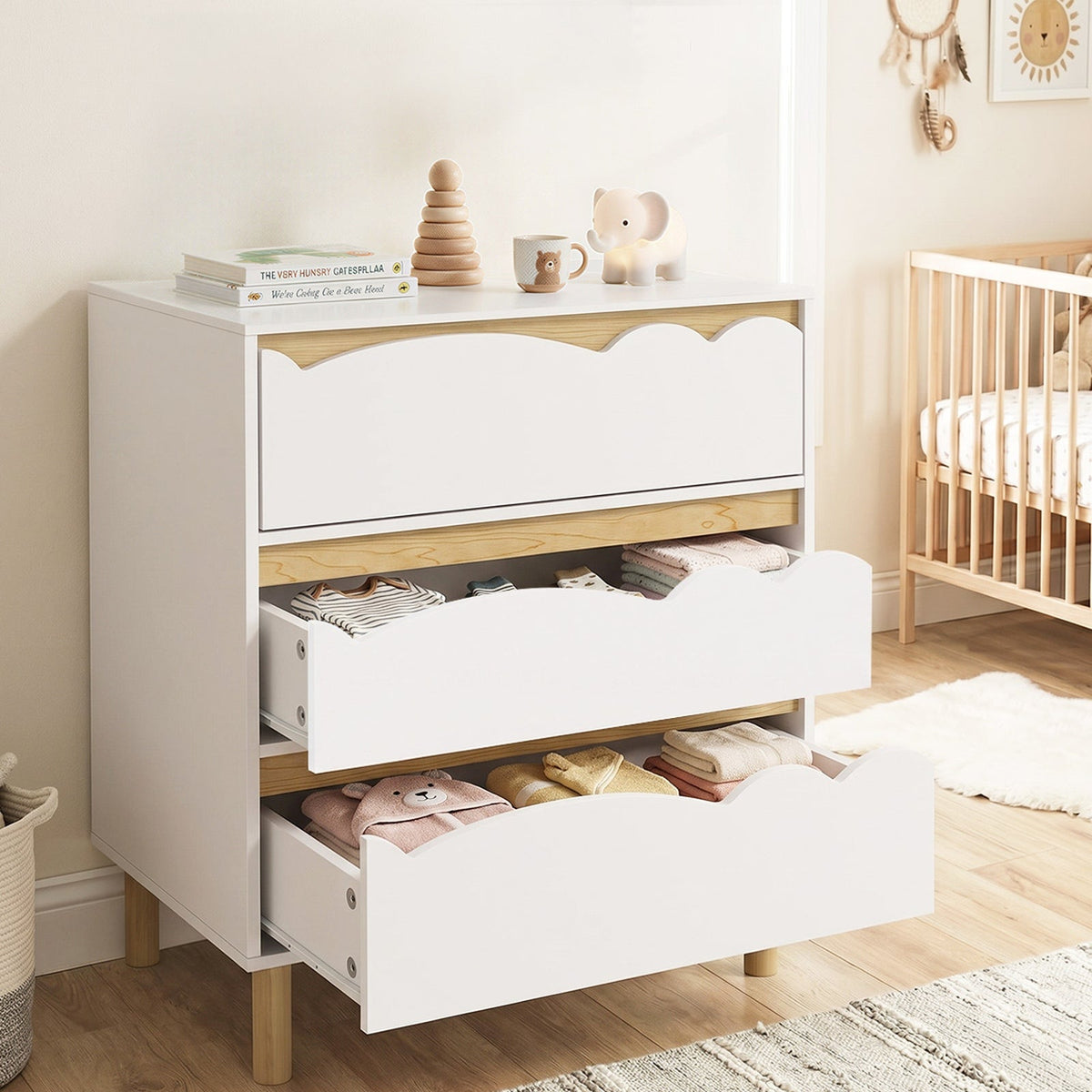 COD-KID-MINA-3D-WH Oikiture 3 Chest Of Drawers Handle-free Dresser Kids Bedroom Storage White