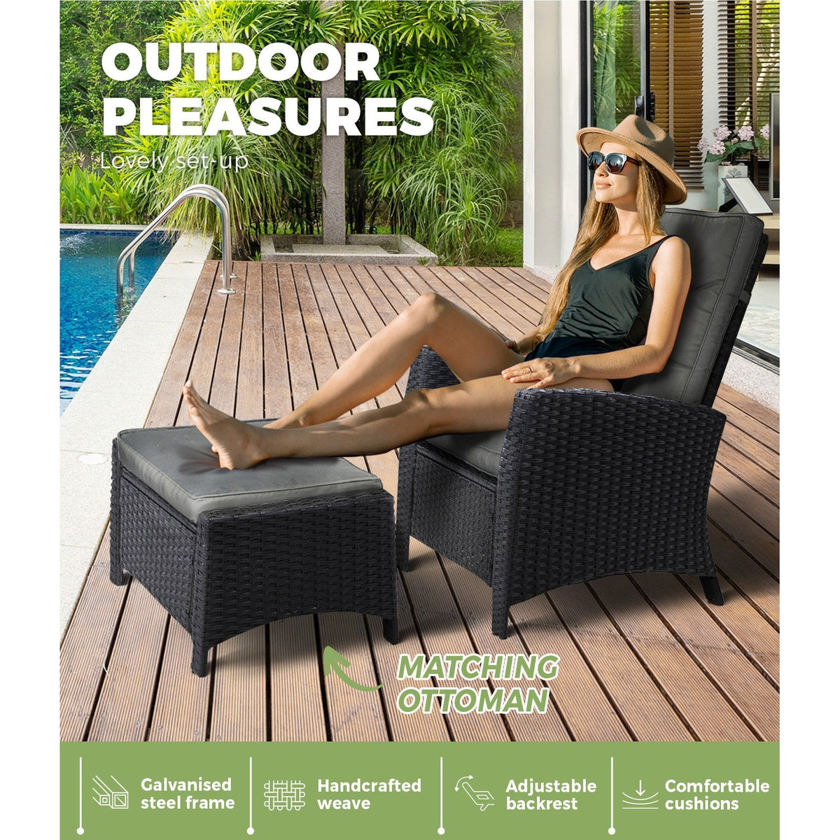 ODR-FW-CHFTR-BK Livsip Outdoor Recliner Chairs Sun Lounge Wicker Sofa Patio Furniture Garden Black