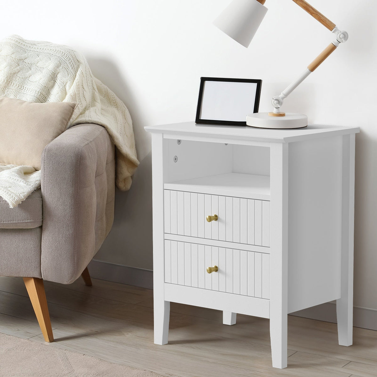 BT-PRIN-SELF2-WH Oikiture Bedside Table Nightstand 2 Drawer with Shelf Storage Cabinet White