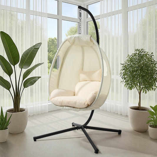 OHCH-EGG-SGL-BE Livsip Outdoor Egg Hanging Chair Swing Seat Furniture with Stand Cushions Beige
