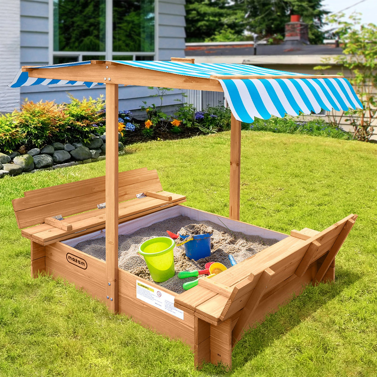 SPIT-CANOPY-CV-WHBL Mazam Kids Sandpit Outdoor Toys Wooden Sandbox Beach Play Box Children Canopy