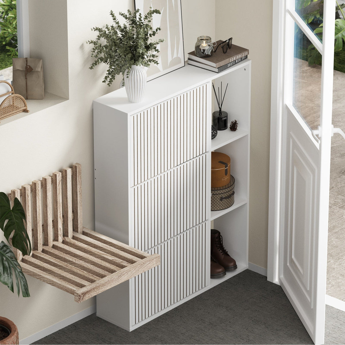 SS-VJ-TICK-3R3S-WH-AB Oikiture Shoe Rack Storage Cabinet with Display Shelves Organiser White