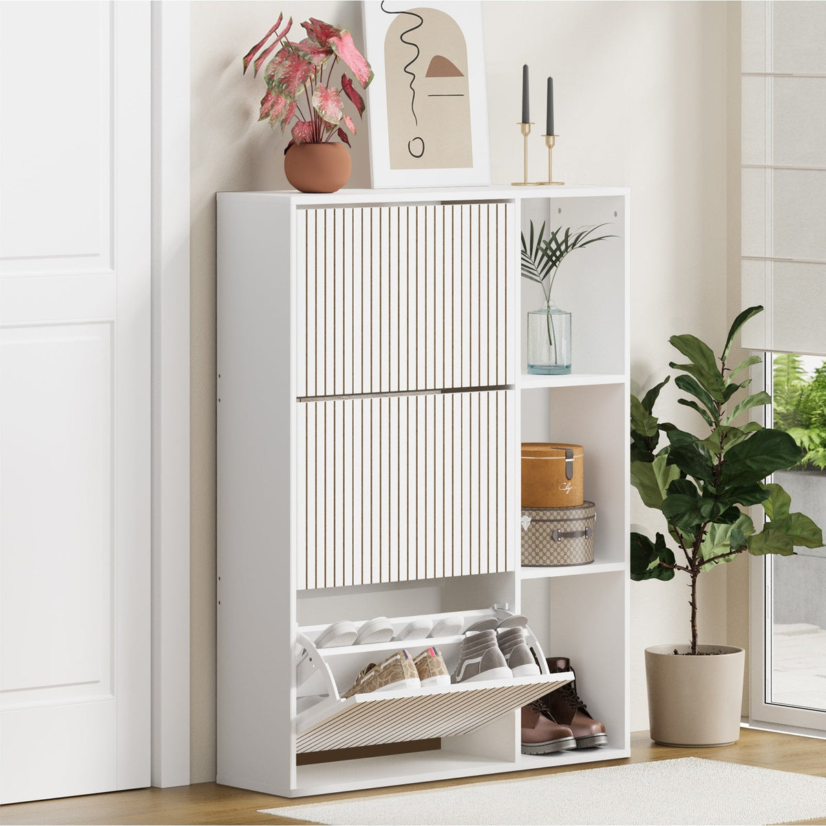 SS-VJ-TICK-3R3S-WH-AB Oikiture Shoe Rack Storage Cabinet with Display Shelves Organiser White