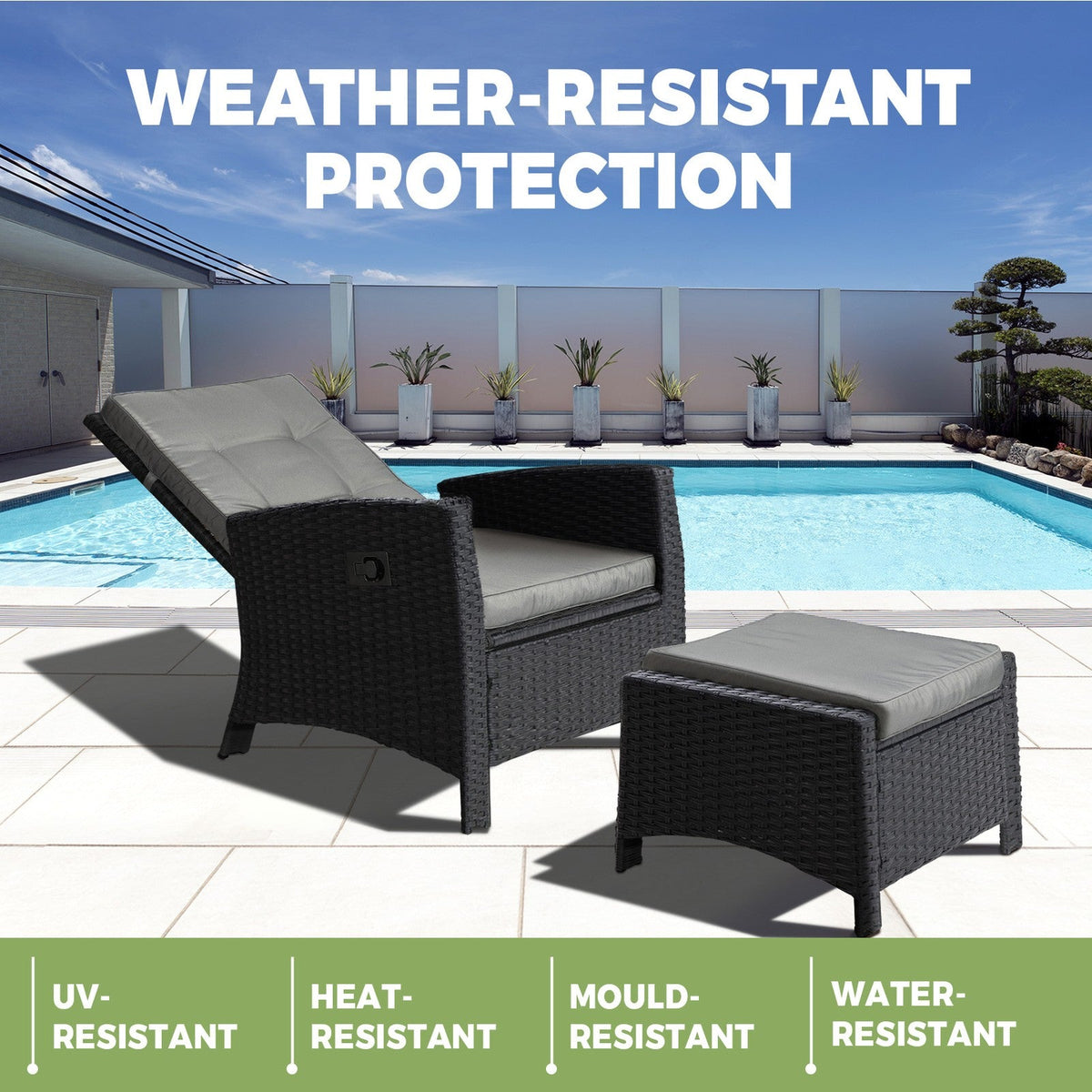 ODR-FW-CHFTR-BK Livsip Outdoor Recliner Chairs Sun Lounge Wicker Sofa Patio Furniture Garden Black