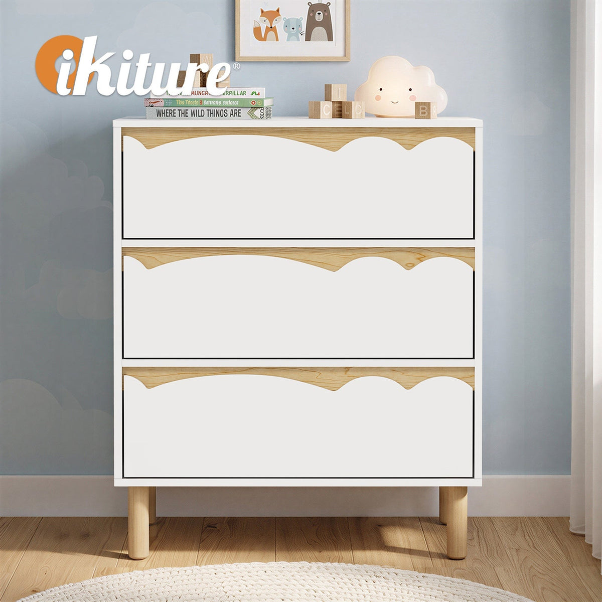 COD-KID-MINA-3D-WH Oikiture 3 Chest Of Drawers Handle-free Dresser Kids Bedroom Storage White