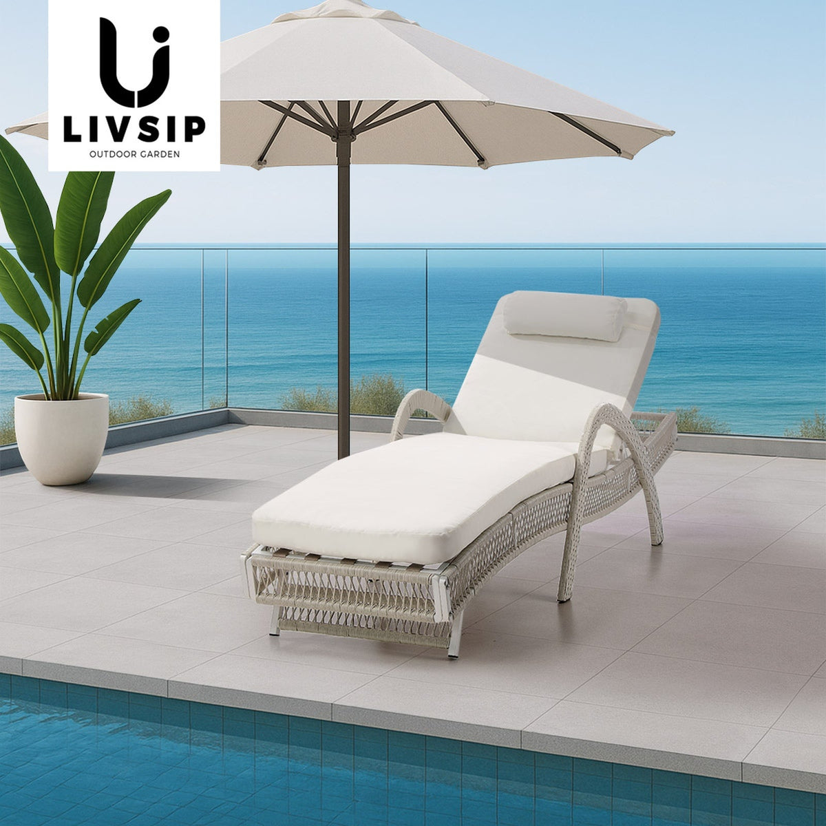 SL-FURA-BE Livsip Sun Lounge Wicker Lounger Day Bed Outdoor Patio Furniture Beige