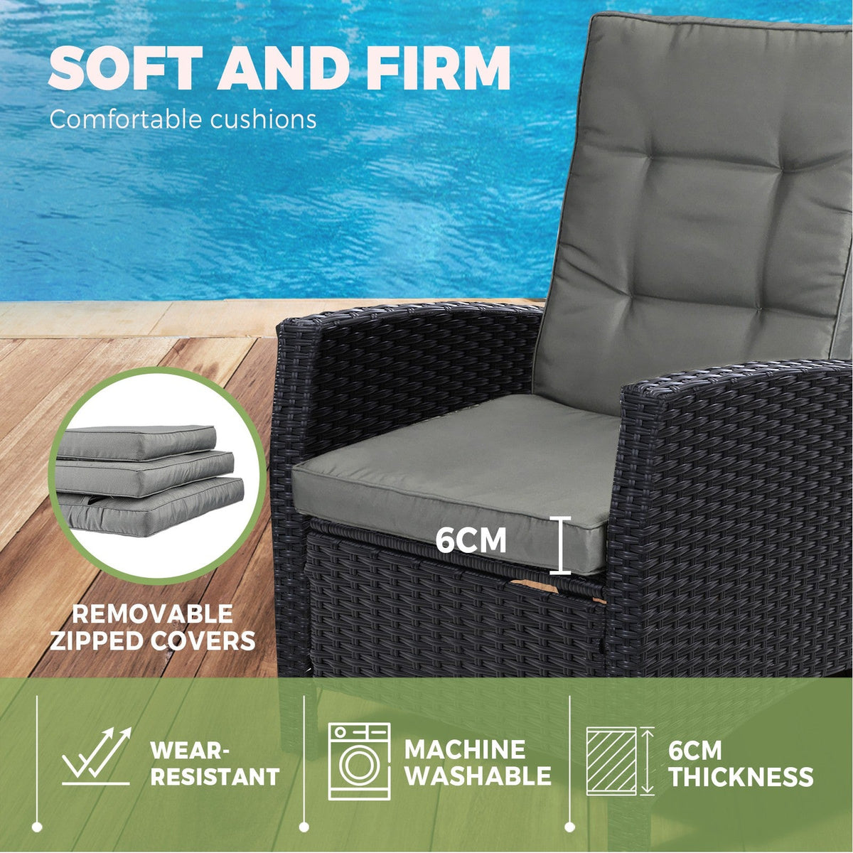 ODR-FW-CHFTR-BK Livsip Outdoor Recliner Chairs Sun Lounge Wicker Sofa Patio Furniture Garden Black