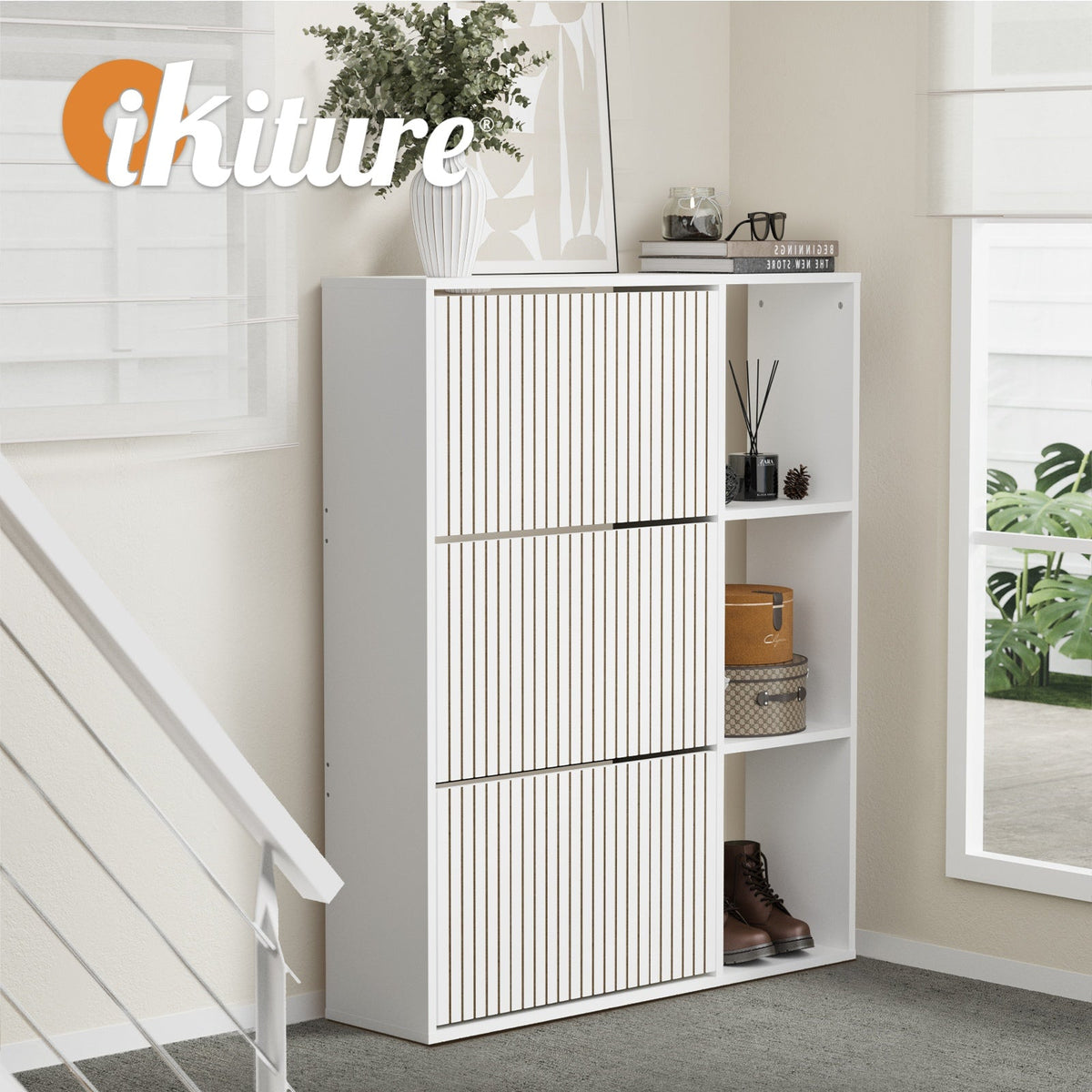 SS-VJ-TICK-3R3S-WH-AB Oikiture Shoe Rack Storage Cabinet with Display Shelves Organiser White