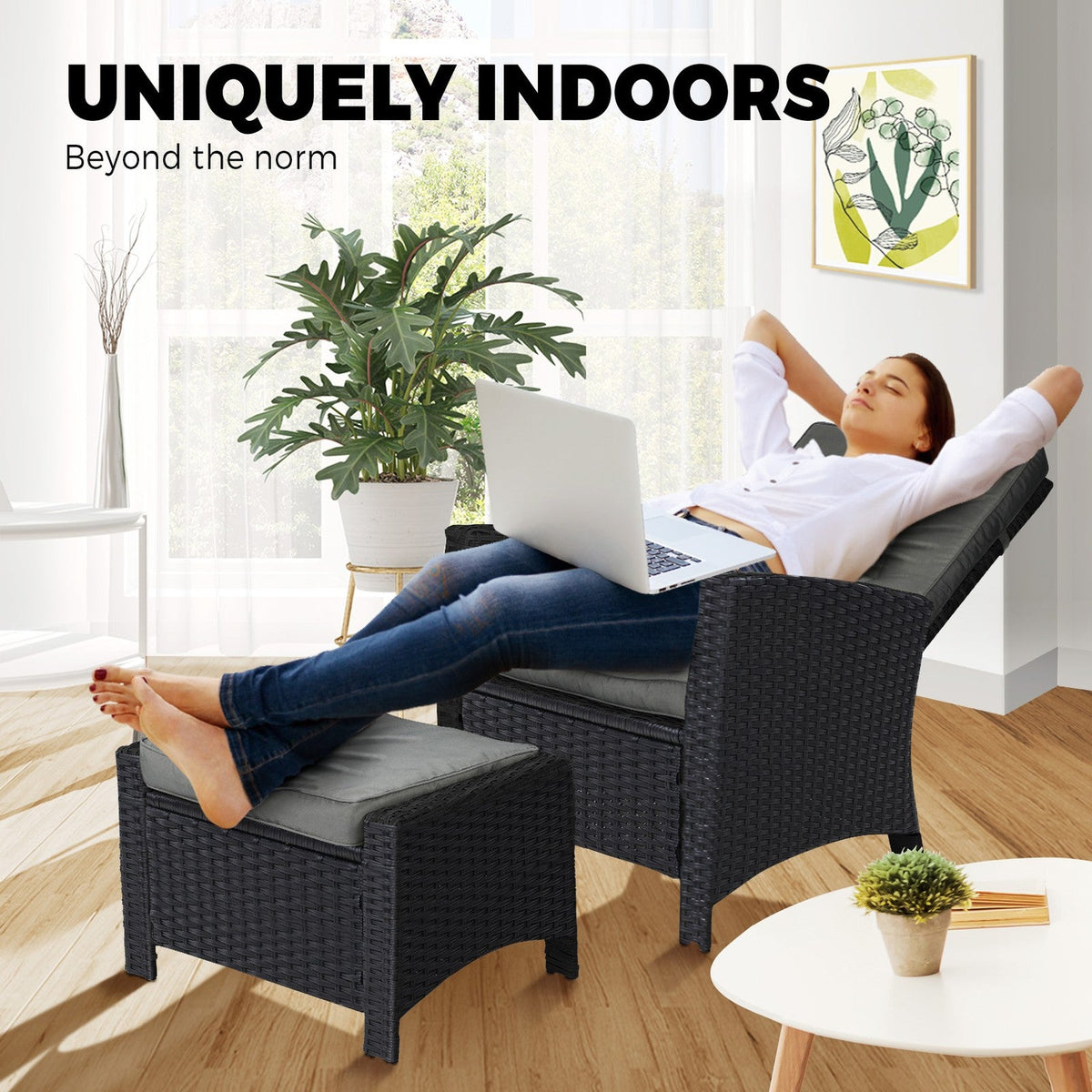 ODR-FW-CHFTR-BK Livsip Outdoor Recliner Chairs Sun Lounge Wicker Sofa Patio Furniture Garden Black