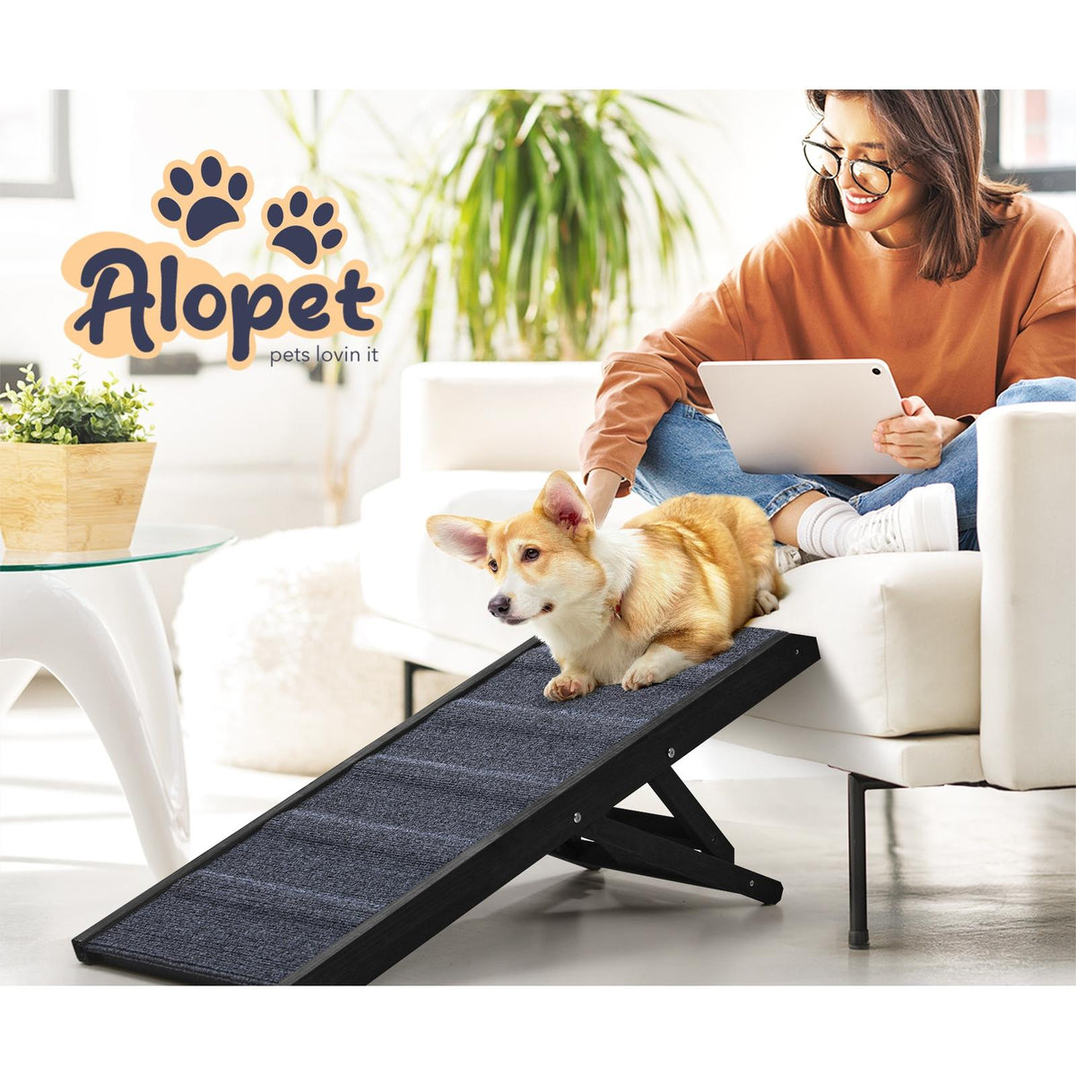 PET-RAMP-90-BK Alopet Dog Pet Ramp Adjustable Height Dogs Stairs Bed Sofa Car Foldable 90cm