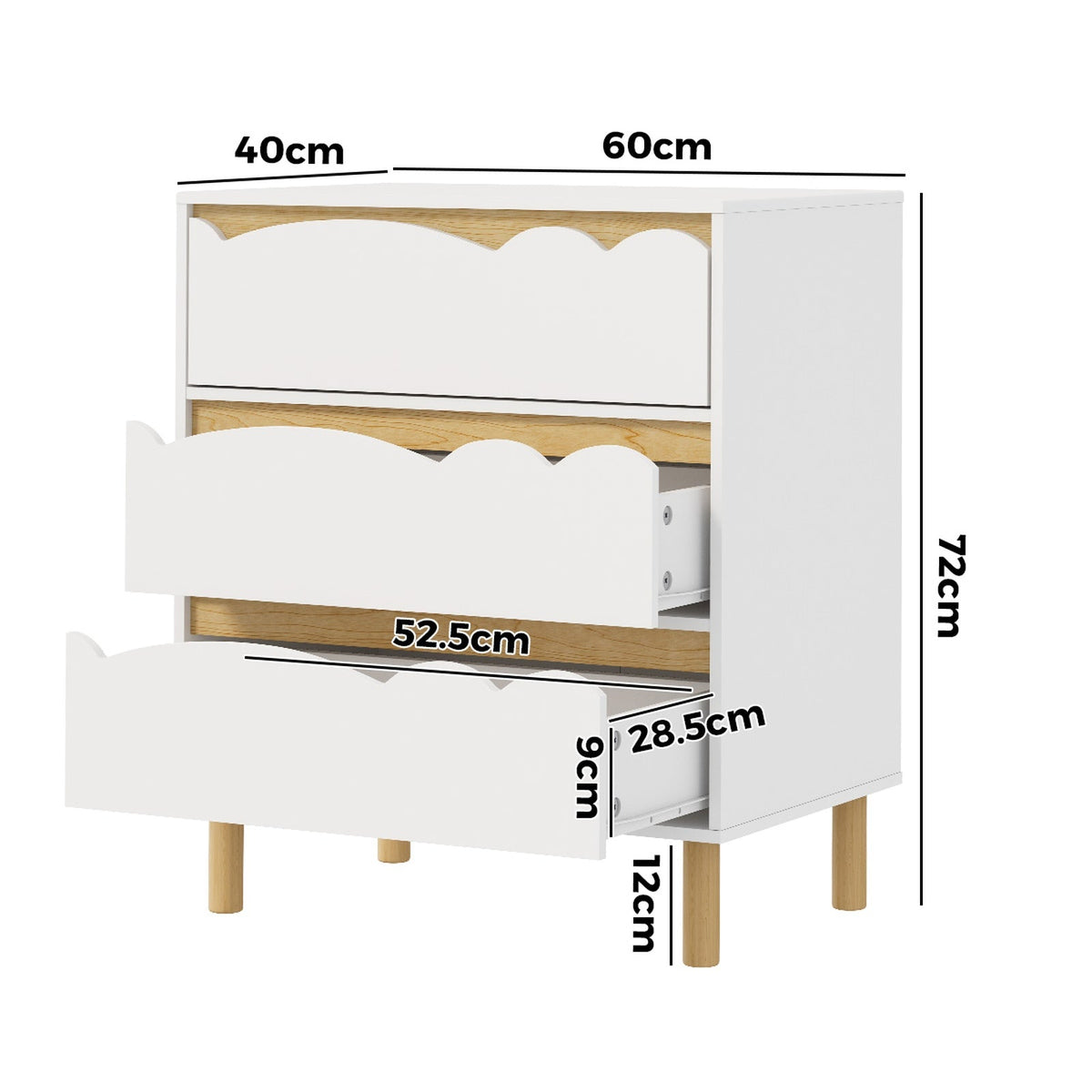 COD-KID-MINA-3D-WH Oikiture 3 Chest Of Drawers Handle-free Dresser Kids Bedroom Storage White