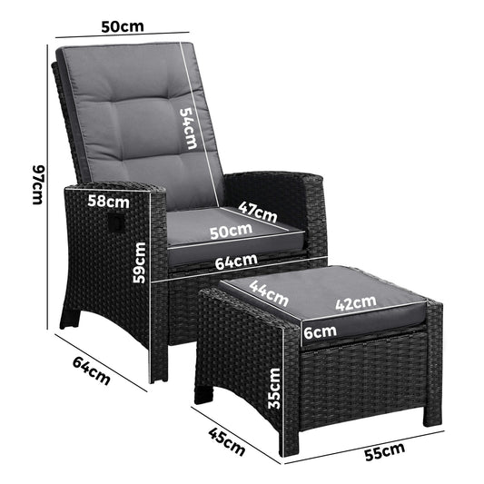 ODR-FW-CHFTR-BK Livsip Outdoor Recliner Chairs Sun Lounge Wicker Sofa Patio Furniture Garden Black