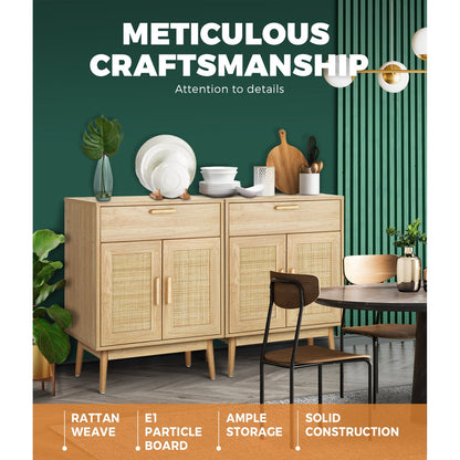 SB-A18-RAT-WD Oikiture Sideboard Rattan Hallway Table Wood