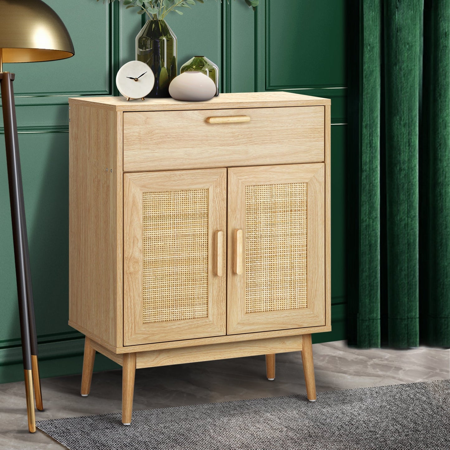 SB-A18-RAT-WD Oikiture Sideboard Rattan Hallway Table Wood