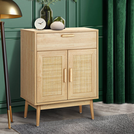 SB-A18-RAT-WD Oikiture Sideboard Rattan Hallway Table Wood