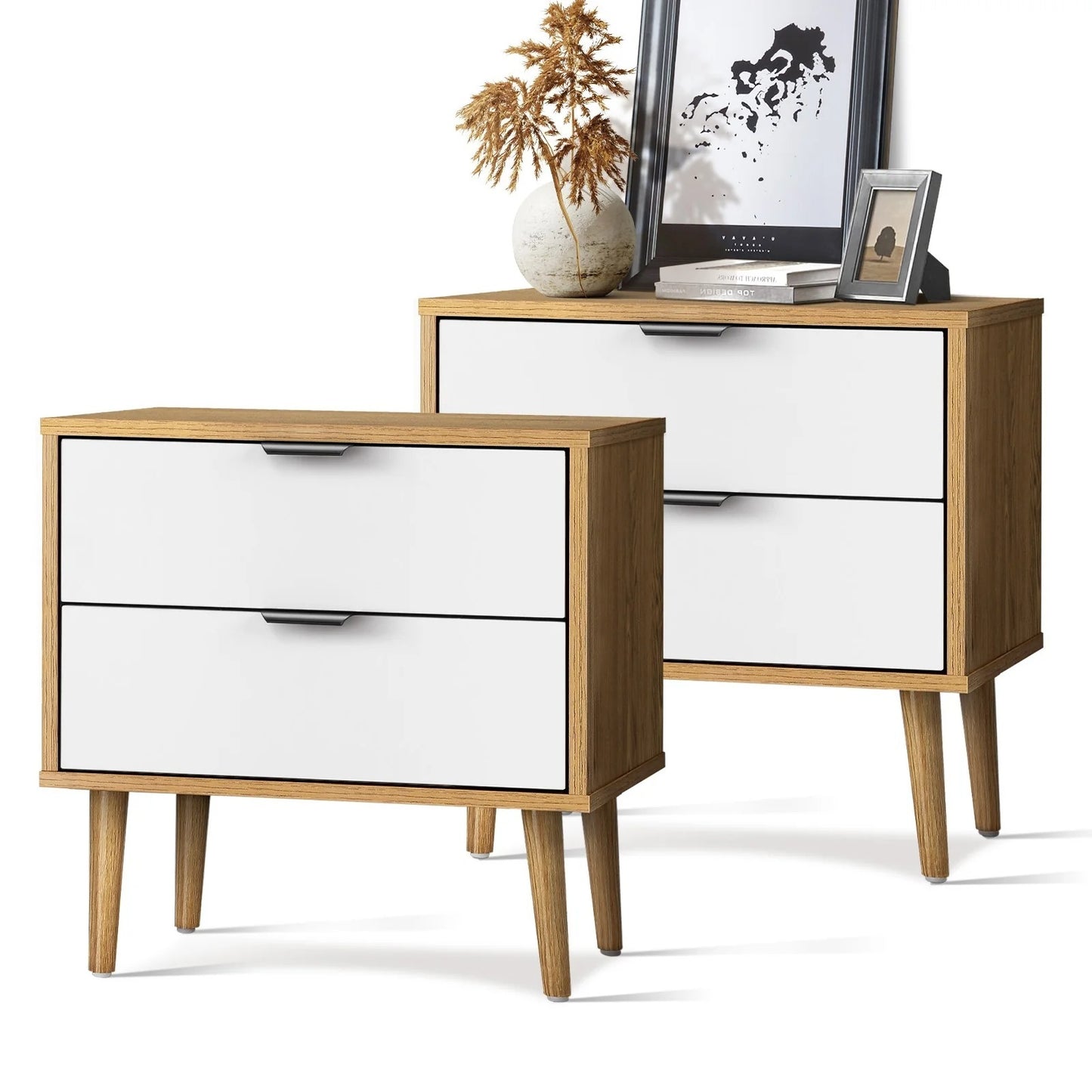 BT-A11-WHWD Oikiture Bedside Tables Side Table Nightstand Storage Cabinet Wood