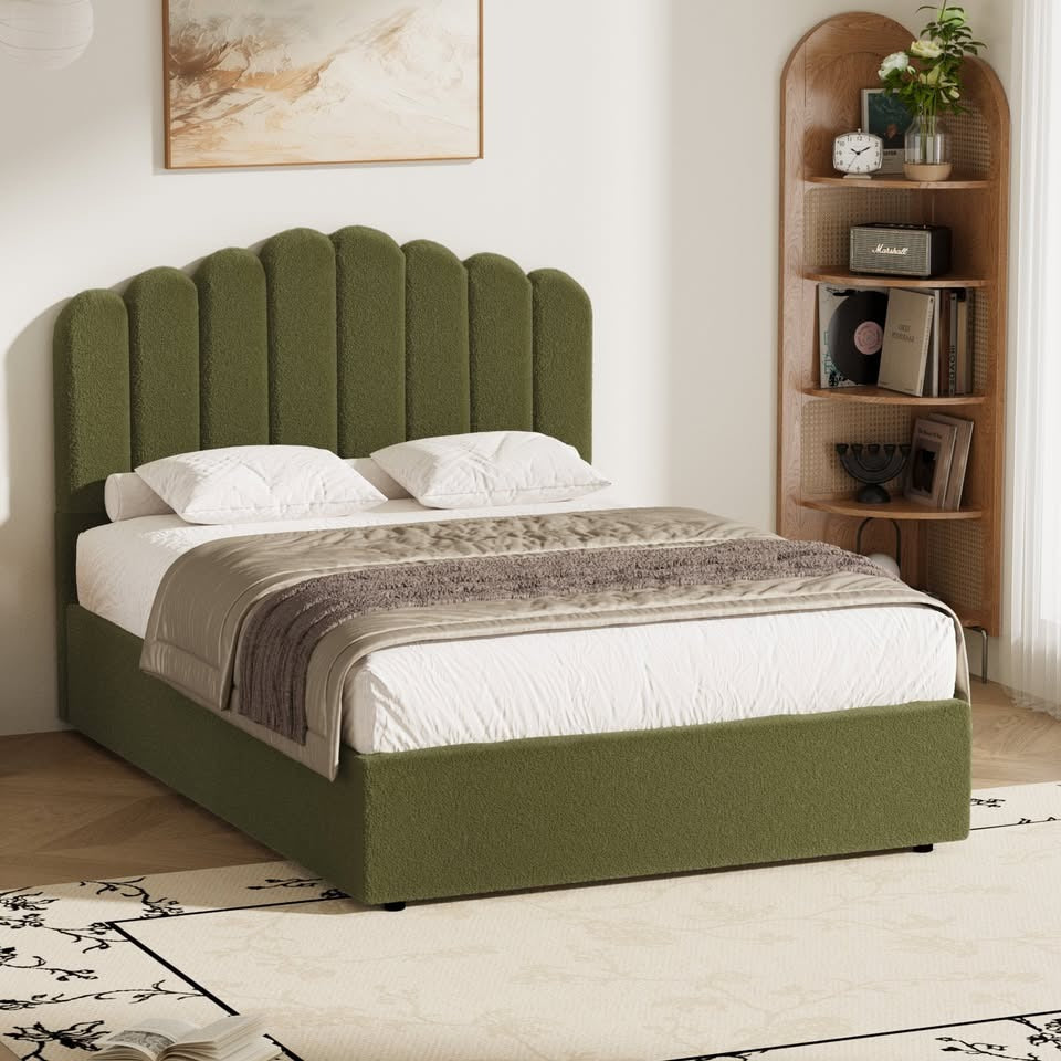 BF-B-KLON-Q-SP-GN-ABC Oikiture Bed Frame Queen Size Gas Lift Bed Base With Storage Sherpa Boucle KLON