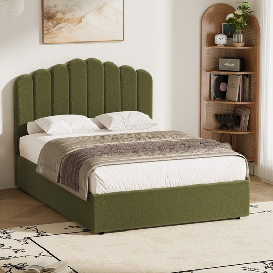 BF-B-KLON-Q-SP-GN-ABC Oikiture Bed Frame Queen Size Gas Lift Bed Base With Storage Sherpa Boucle KLON