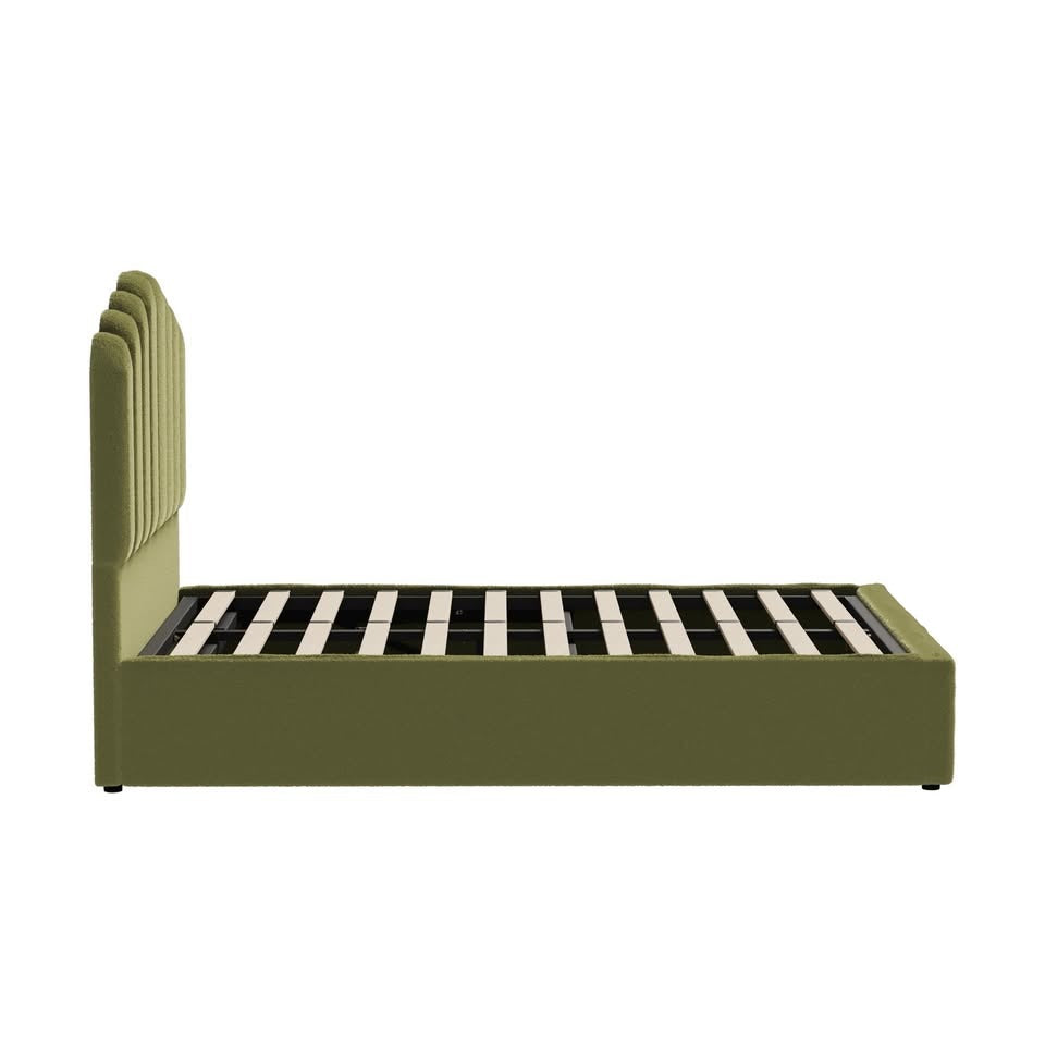 BF-B-KLON-Q-SP-GN-ABC Oikiture Bed Frame Queen Size Gas Lift Bed Base With Storage Sherpa Boucle KLON