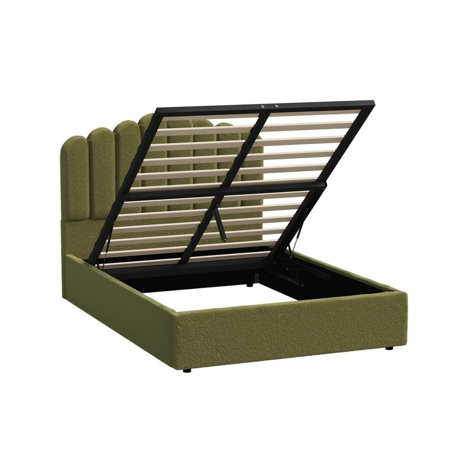 BF-B-KLON-Q-SP-GN-ABC Oikiture Bed Frame Queen Size Gas Lift Bed Base With Storage Sherpa Boucle KLON