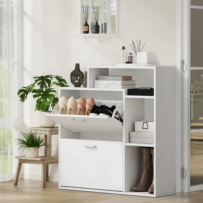 SS-VJ-2ROW-WH Oikiture Shoe Cabinet Storage 2 Doors Shoes Rack Display Wooden Shelves White