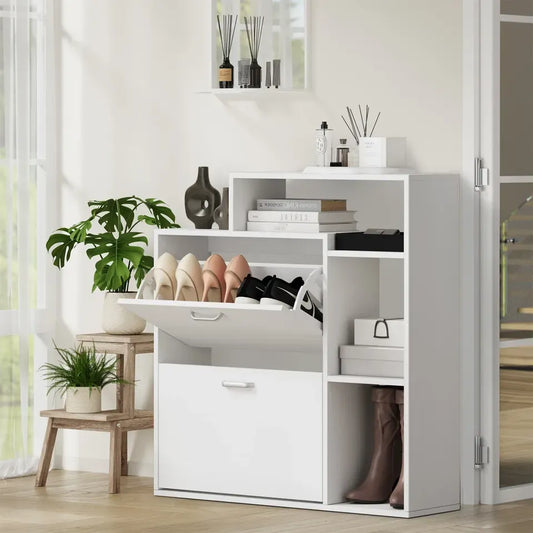 SS-VJ-2ROW-WH Oikiture Shoe Cabinet Storage 2 Doors Shoes Rack Display Wooden Shelves White