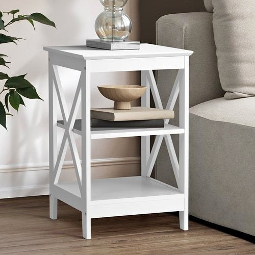 BT-VJ-MEC-F7-WH Oikiture Side Table 3-tier Shelf X-Structured Sides White