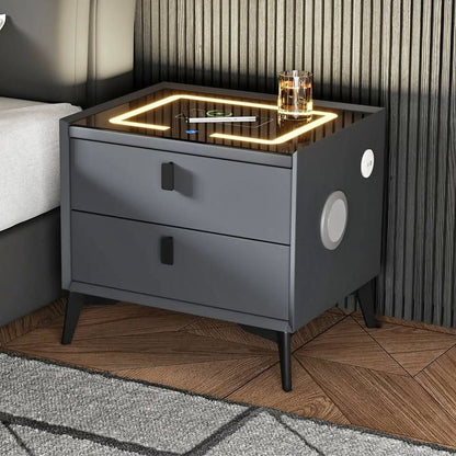 BT-GG-SMA1-50-2D-GY Oikiture Smart Bedside Table Wireless Charging LED 2 Drawers Nightstand Grey