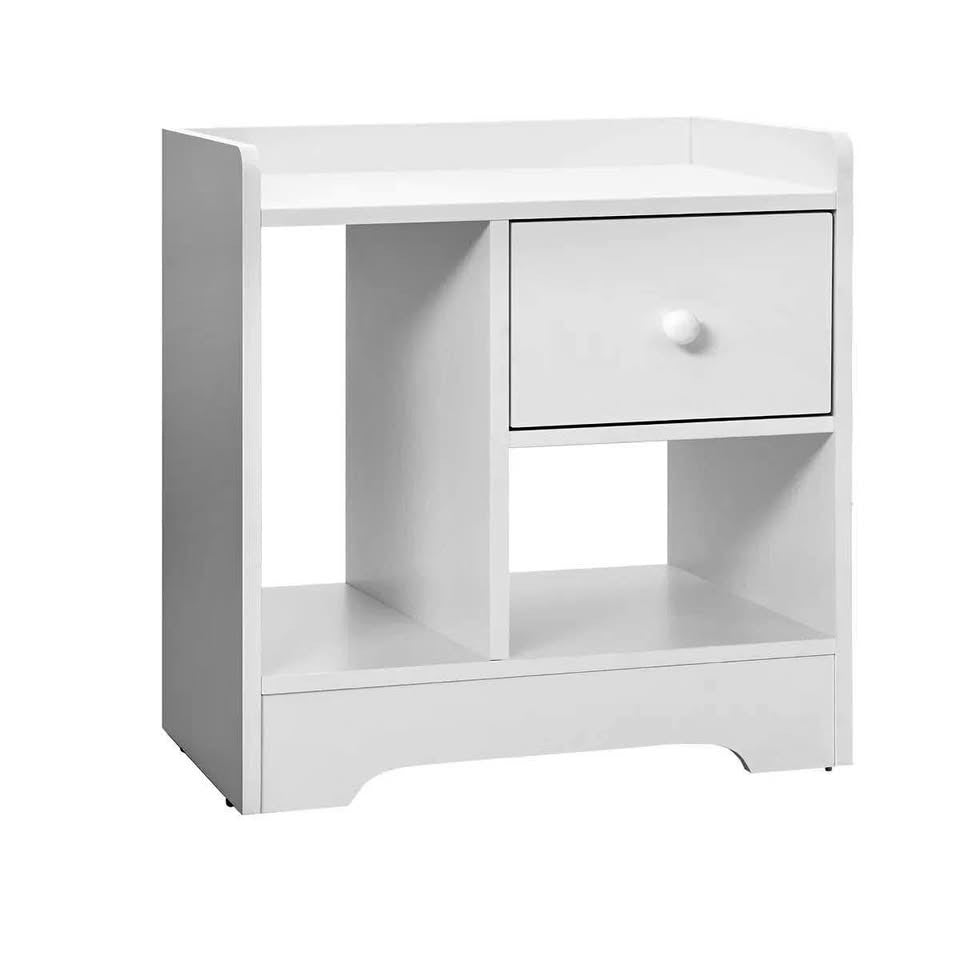 BT-SHEE-WH Oikiture Bedside Tables Side Table White Nightstand Storage Drawer Shelf Bedroom