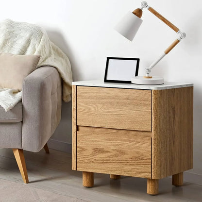 BT-COCO-2D-WD Oikiture Bedside Table Side End Table 2 Drawers Nightstand Marble Top Natural