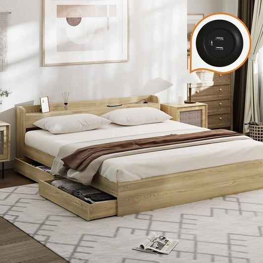 BF-MEXI-K-WD-TC-ABC Oikiture Wooden Bed Frame King Size with Charging Ports & 2 Drawers
