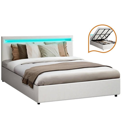 BF-B-MARC-K-WH-ABC Oikiture Bed Frame RGB LED King Size Gas Lift Storage Base White