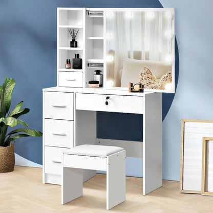 DT-ST-B11-WH-AB Oikiture Dressing Table Stool Set Makeup Slide Mirror Drawer 10 LED Bulbs White