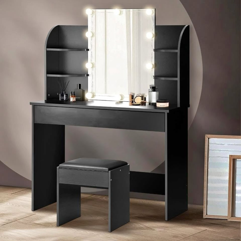 DT-ST-B2-BK-AB Dressing Table Stool Set Makeup Mirror Storage Drawer 10LED Bulbs Black