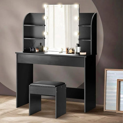 DT-ST-B2-BK-AB Dressing Table Stool Set Makeup Mirror Storage Drawer 10LED Bulbs Black