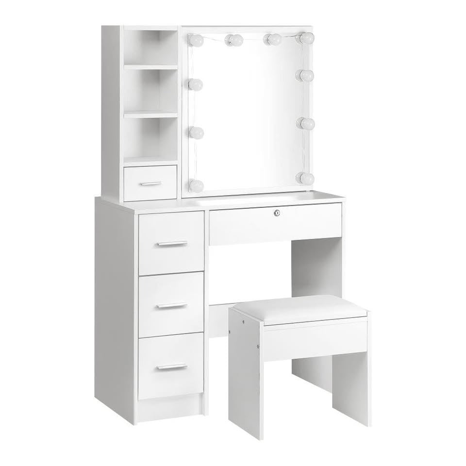 DT-ST-B11-WH-AB Oikiture Dressing Table Stool Set Makeup Slide Mirror Drawer 10 LED Bulbs White