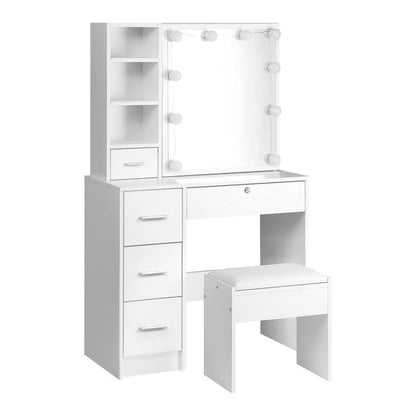 DT-ST-B11-WH-AB Oikiture Dressing Table Stool Set Makeup Slide Mirror Drawer 10 LED Bulbs White
