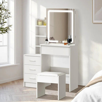 DT-ST-B19-WH-AB Oikiture Dressing Table Stool Set Makeup Slide Mirror LED Light Vanity White
